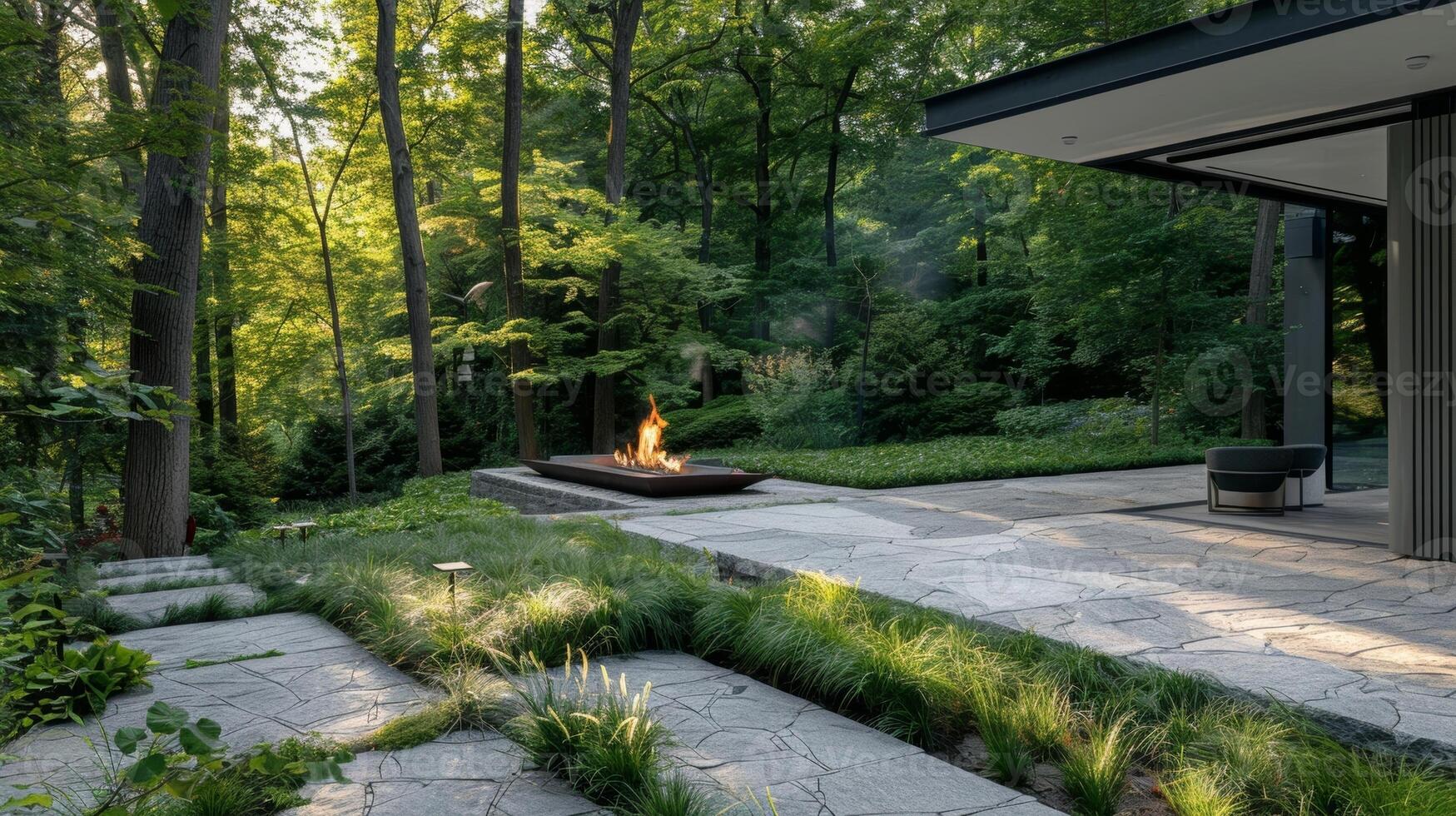 The modern fire pit is surrounded by a sleek stone patio and lush greenery. 2d flat cartoon photo