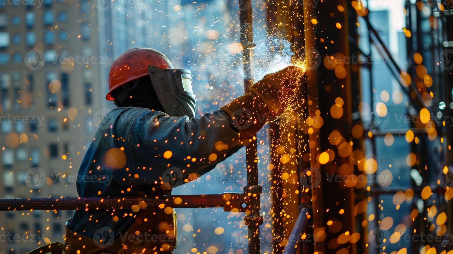 Bright orange sparks shower a workers protective gear as they weld a railing on a highrise construction site photo