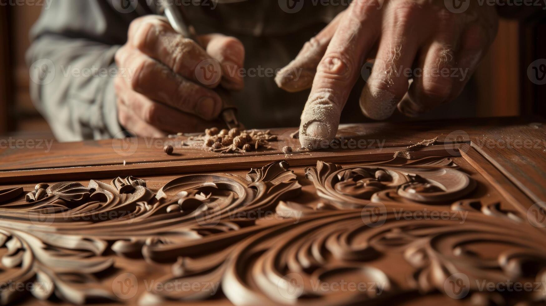 A closeup shot of a craftsman meticulously carving intricate designs into dark mahogany paneling for the study photo