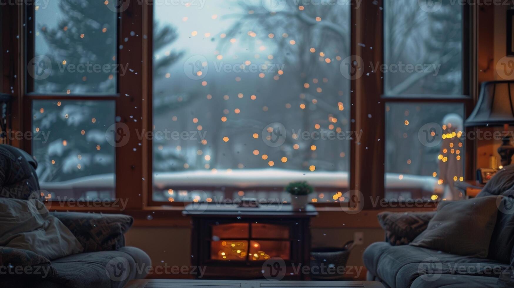 A large bay window offers a view of the falling snow outside while the fire provides a comforting warmth inside. 2d flat cartoon photo