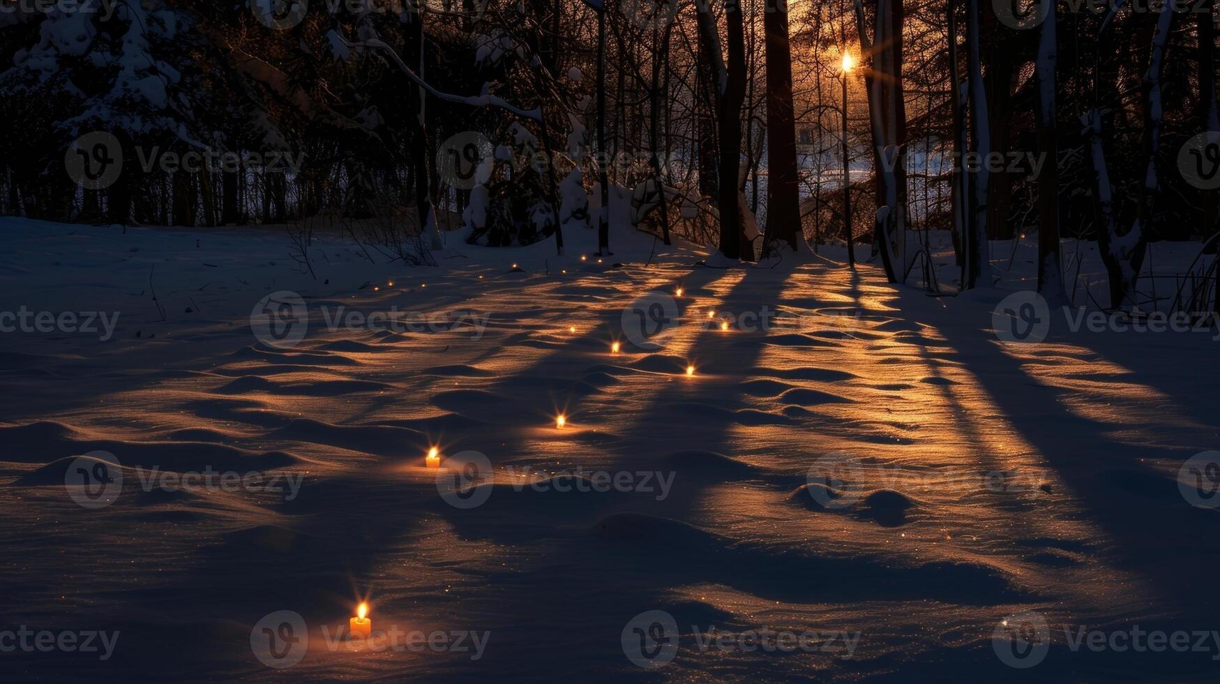 Shadows dancing on the snowcovered ground as the candles flicker in the breeze. 2d flat cartoon photo