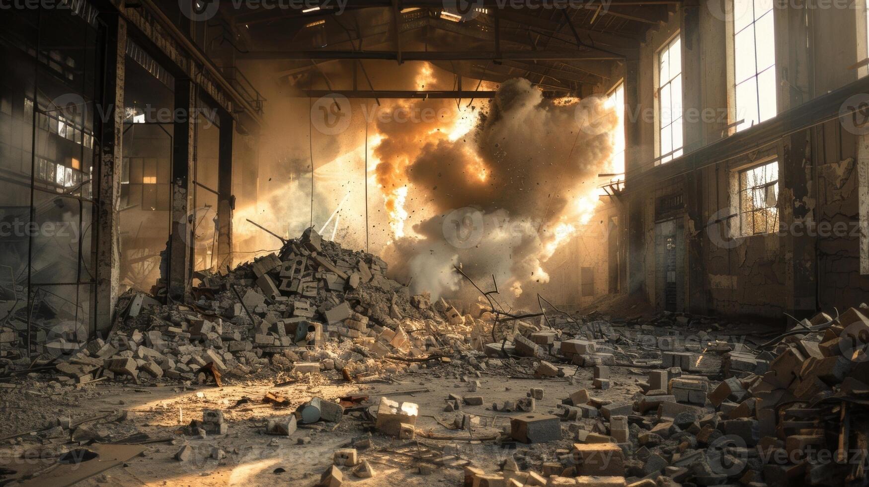 Controlled explosions through the walls of an old factory reducing it to a pile of rubble photo