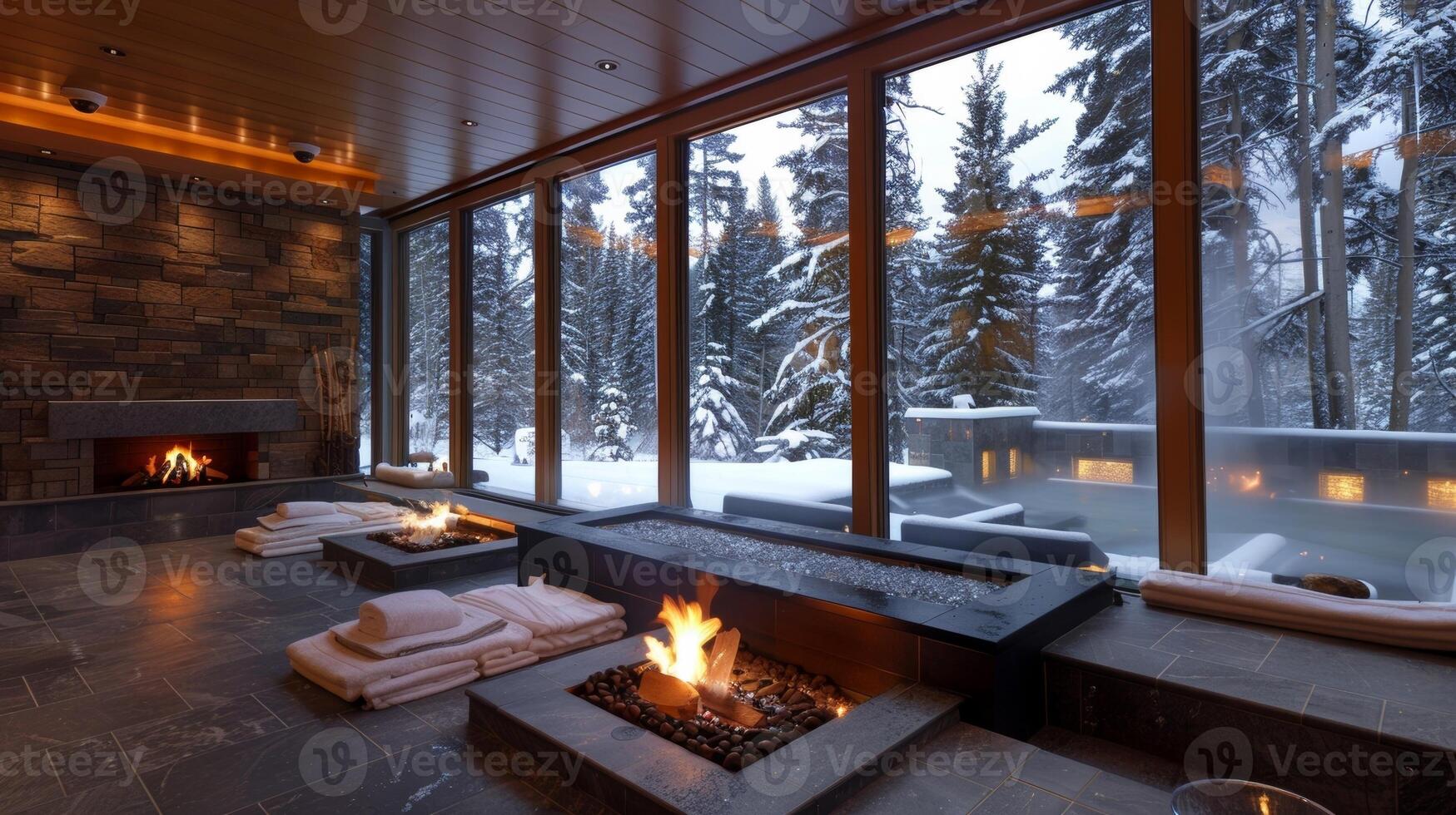 Large windows offer a stunning view of the snowy landscape outside while the crackling fire inside adds to the cozy atmosphere of the spa. 2d flat cartoon photo