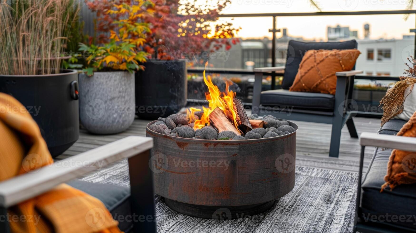 The scent of wood smoke from the fire pit adds to the rustic charm of the rooftop making it a charming escape from the hustle and bustle of the city. 2d flat cartoon photo