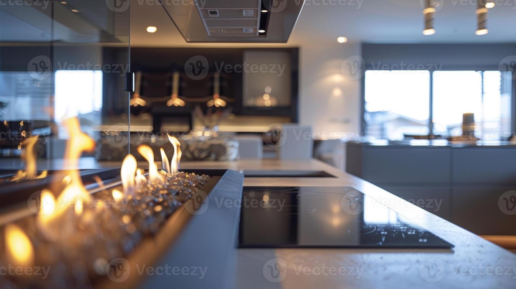 The modern kitchen features a stunning fireplace its remotecontrolled flame adding a touch of warmth and ambiance to the space. 2d flat cartoon photo