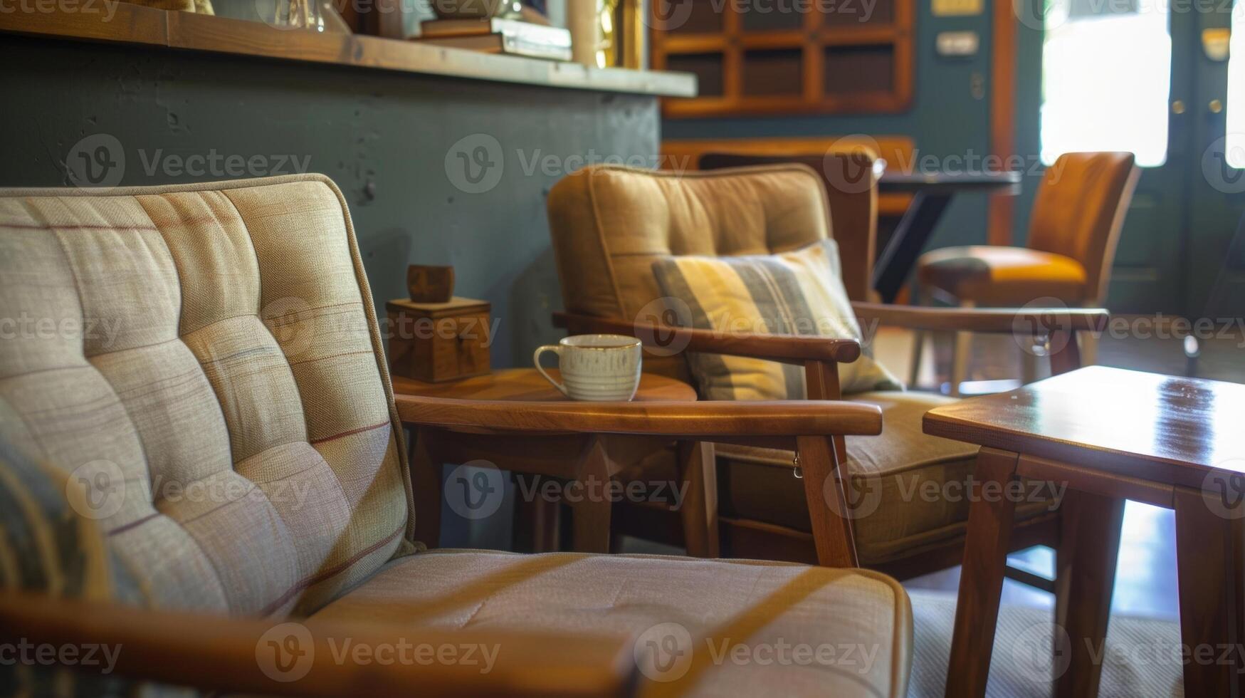 A cozy corner with comfy chairs where customers can sit and enjoy their chai lattes photo