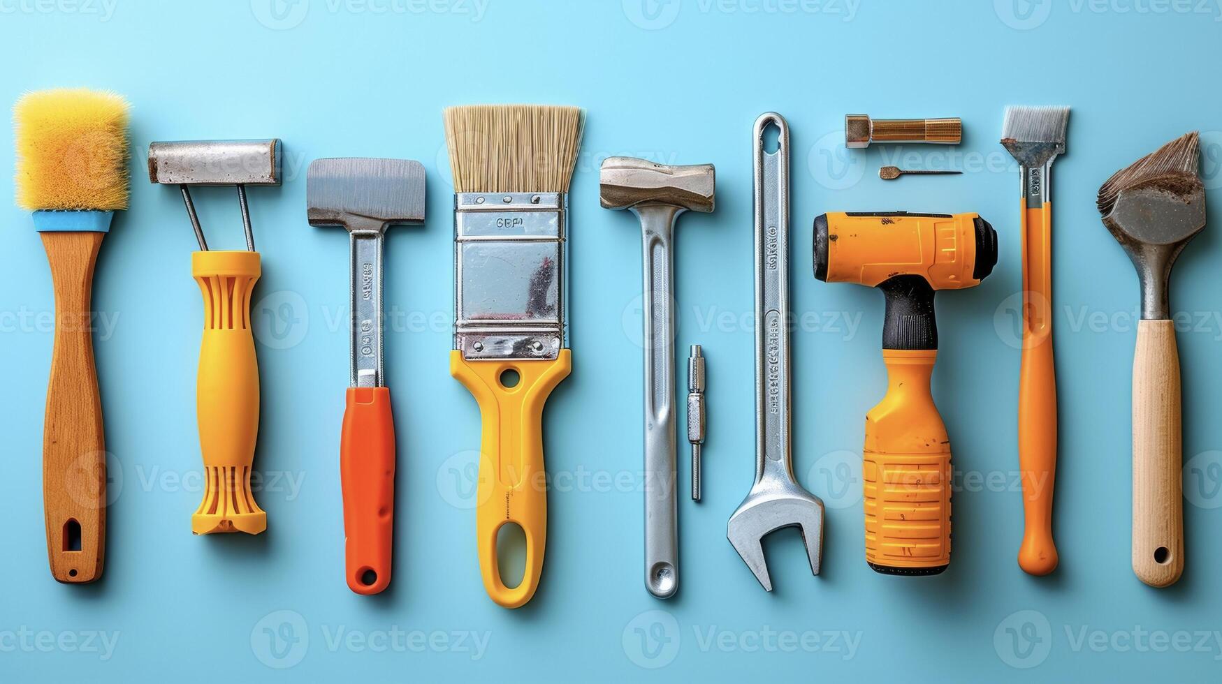 Tools of different shapes and sizes arranged in a neat lineup illustrating the range of tasks needed for a successful home renovation photo