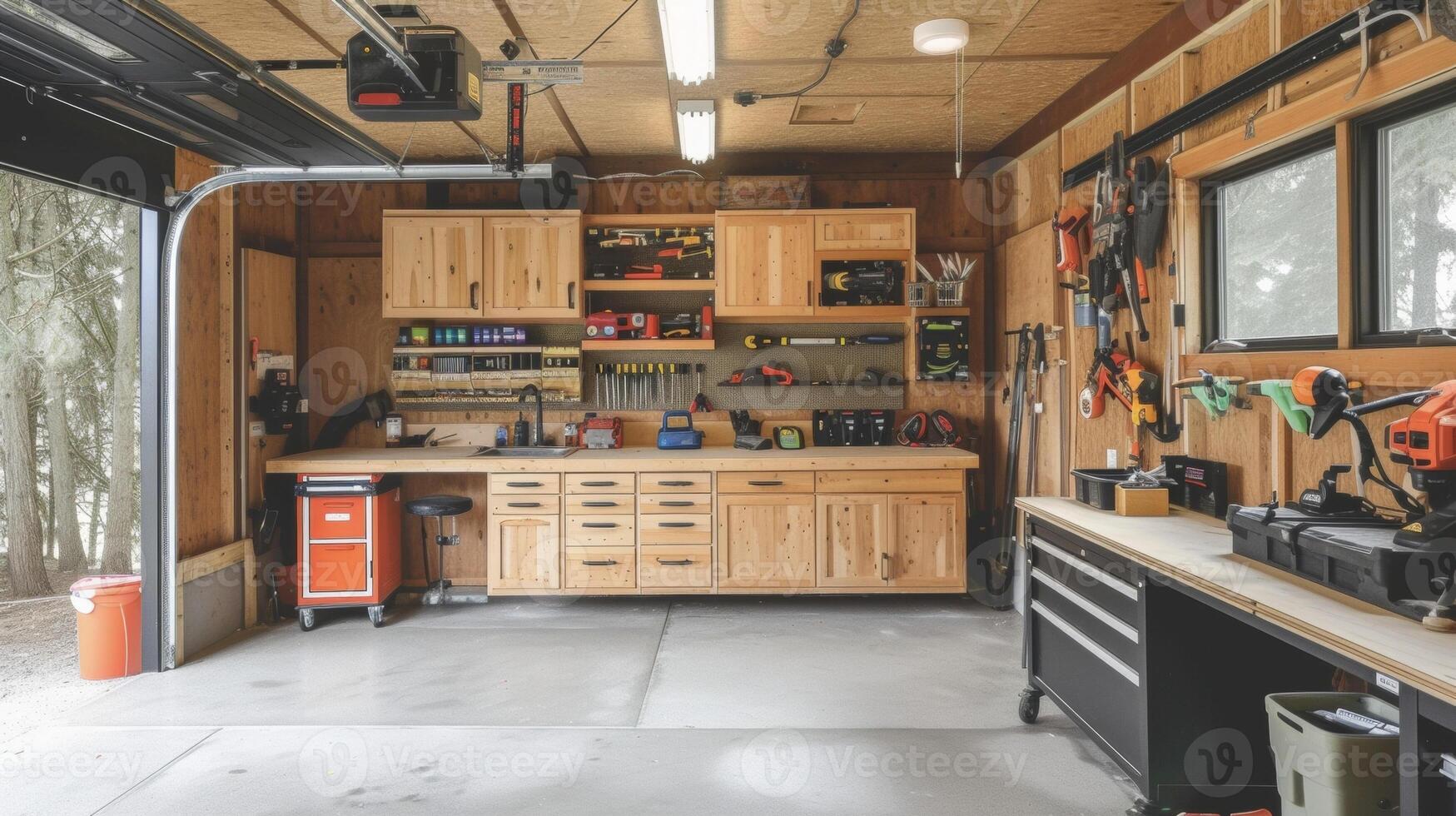 A garage turned woodworking haven with custombuilt cabinets for tool storage a large workbench with builtin power outlets and a designated area for ting and sanding photo