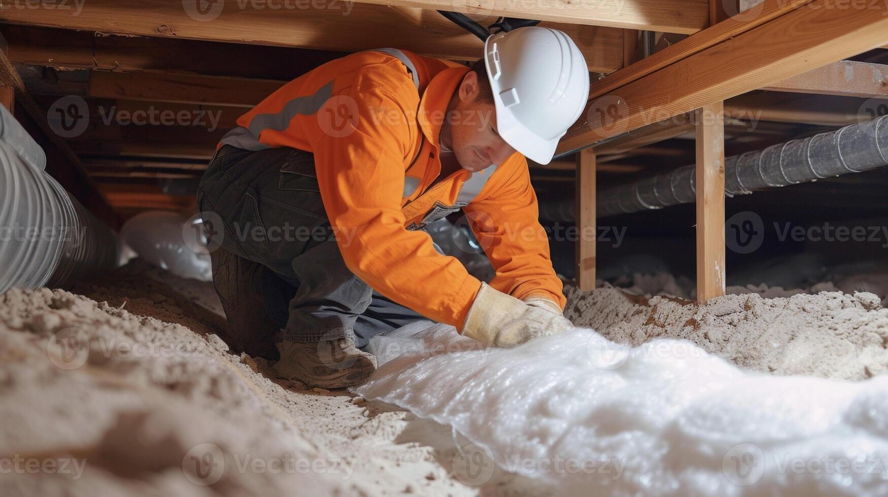 A photo of a technician inspecting existing insulation in a crawl space noting areas that need to be patched or rep for maximum effectiveness