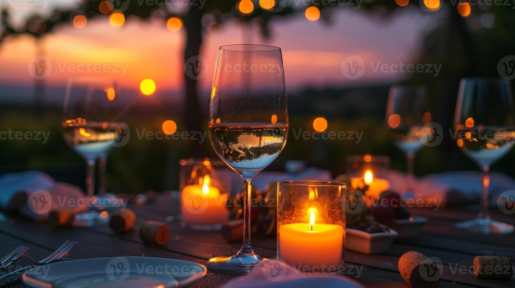 As the sun sets the candles become the main source of light adding a touch of magic to the evenings wine tasting experience. 2d flat cartoon photo