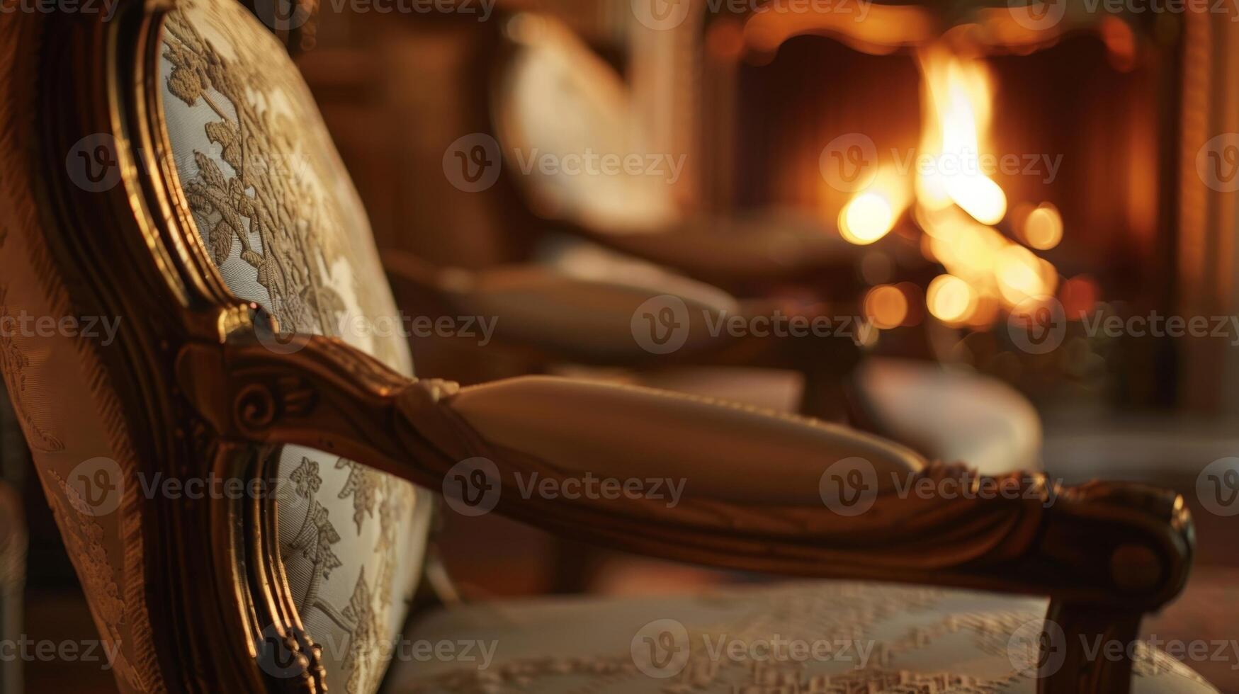 The soft glow of the fire highlights the elegant curves of the antique armchairs creating a timeless and romantic setting. 2d flat cartoon photo