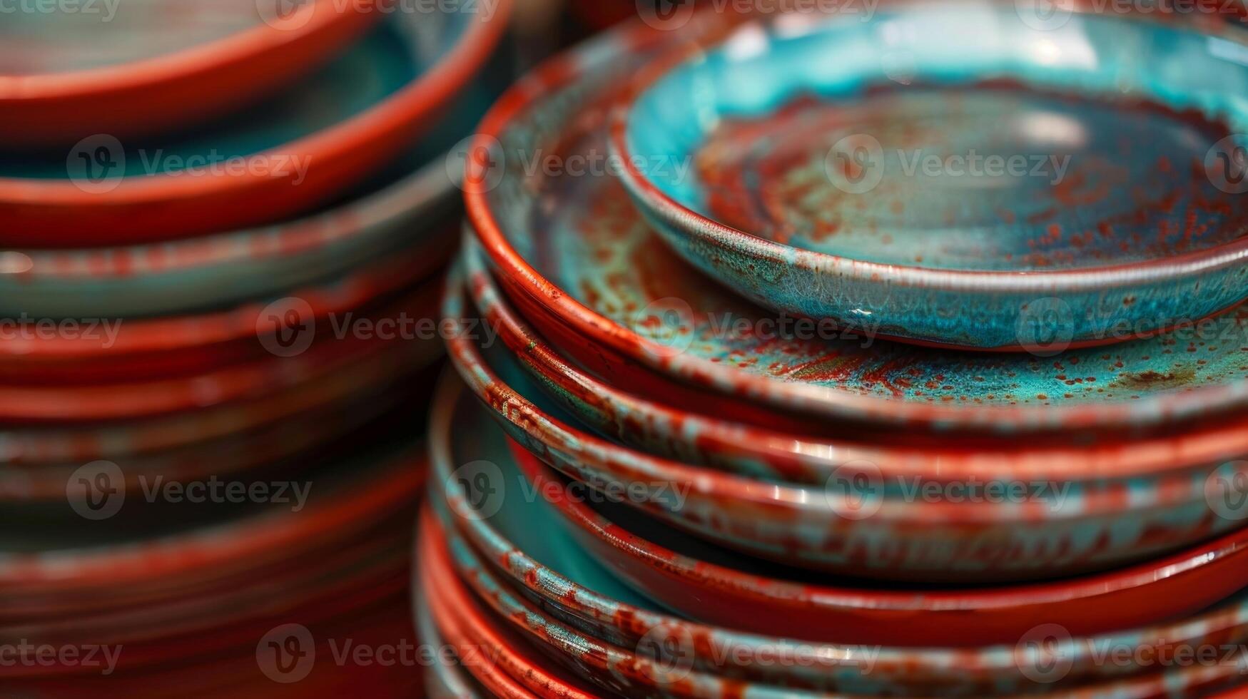 A stack of plates their glossy surfaces showcasing a beautiful blend of turquoise and deep red created through soda firing. photo
