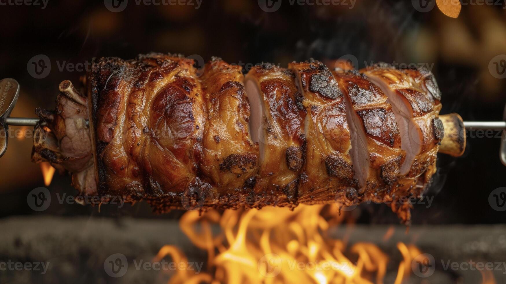 A succulent whole hog slowly rotating on a spit its golden skin crispy from the heat of the roaring fire photo