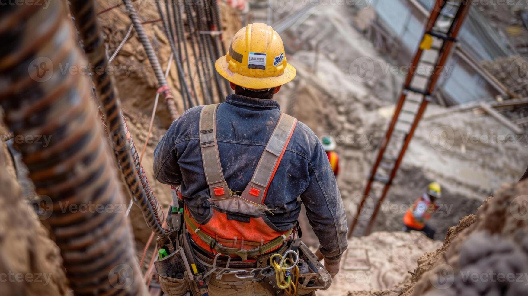 A construction worker wearing a harness is seen descending into the excavation site using a sy ladder following proper safety measures while entering and exiting the area photo