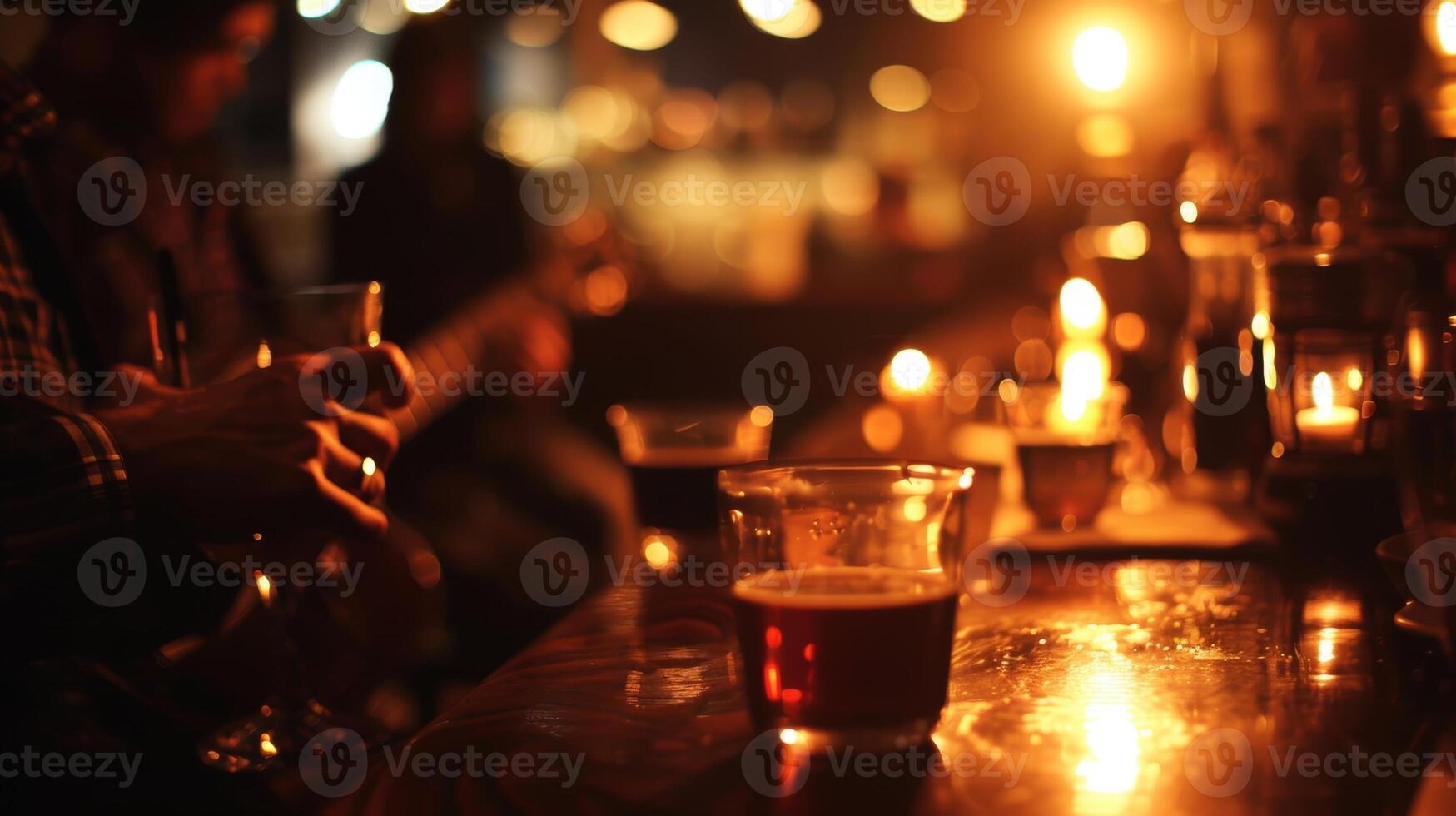 A dimly lit bar setting but instead of alcohol people are holding cups of tea or coffee as they belt out classic tunes photo