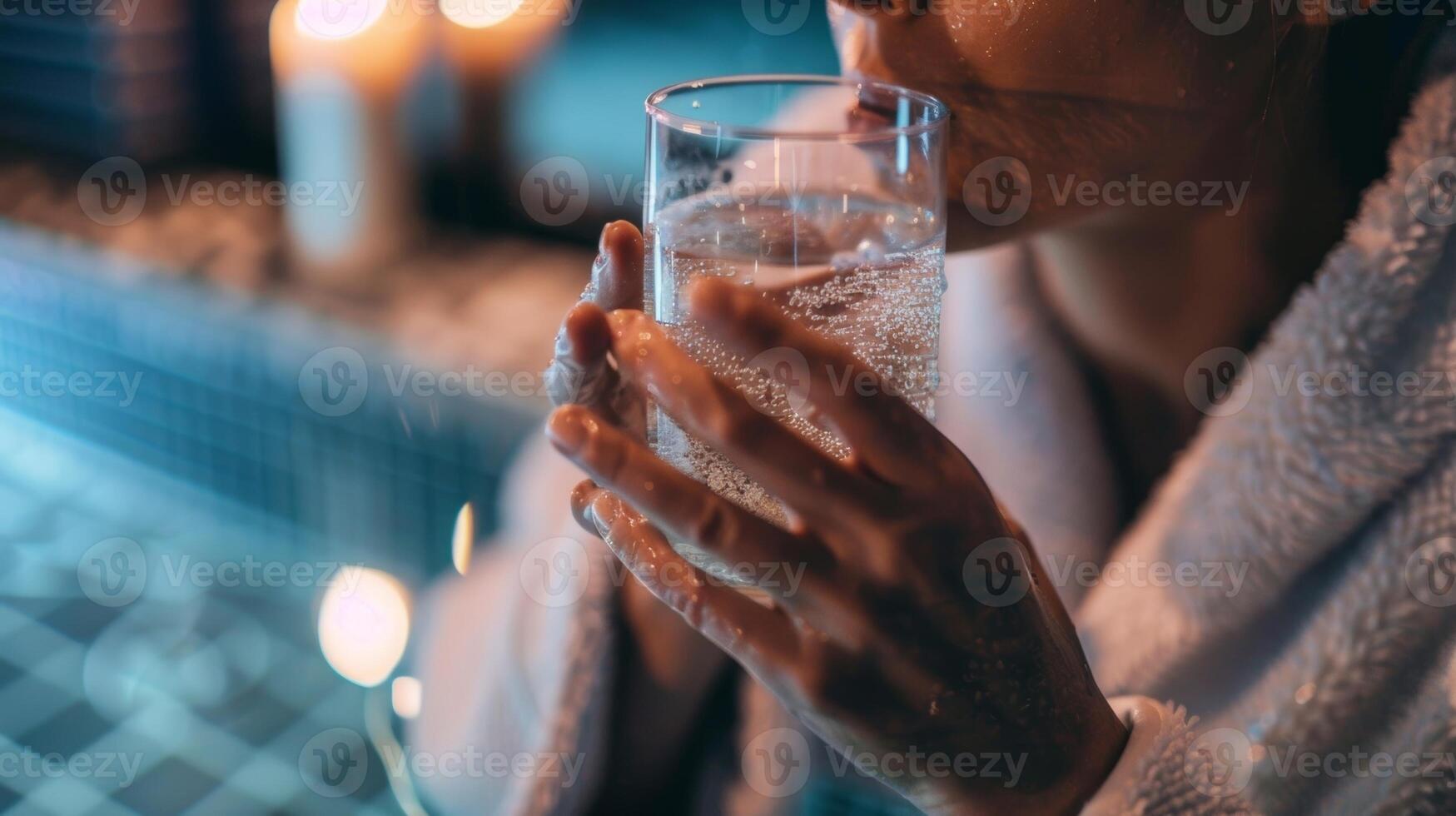 un persona vistiendo un bata de baño y Bebiendo un vaso de agua después refinamiento su sauna y frío ducha rutina sensación rejuvenecido y relajado. foto