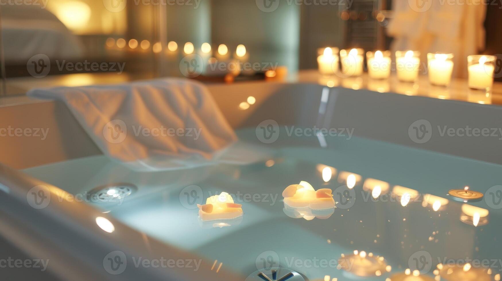 A spalike bathroom with an LED candle array around the bathtub creating a calming ambiance. 2d flat cartoon photo