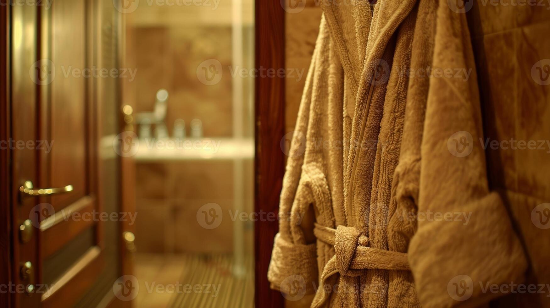 A plush bathrobe hangs on the back of a nearby door inviting the man to wrap up in it after his bath photo