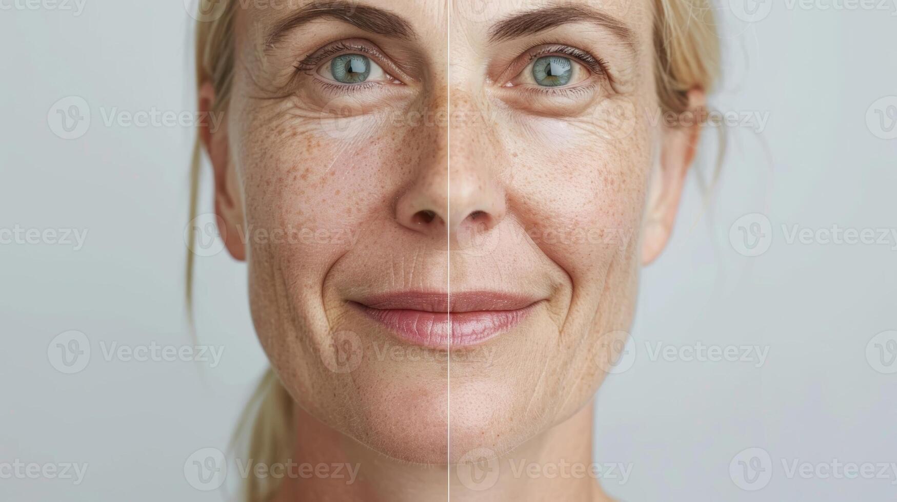 A depiction of a womans face before and after implementing skin rejuvenation therapy exhibiting brighter and youthfullooking skin. photo
