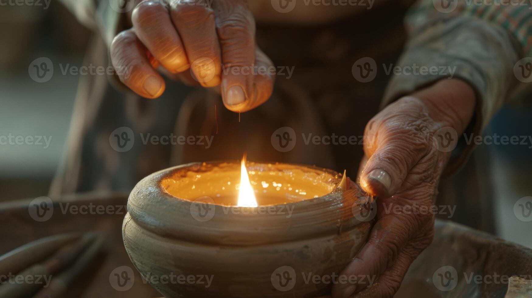 The flickering flame of the candle catches the glimmer of the potters tools adding to the magic of their skillful hands at work. 2d flat cartoon photo