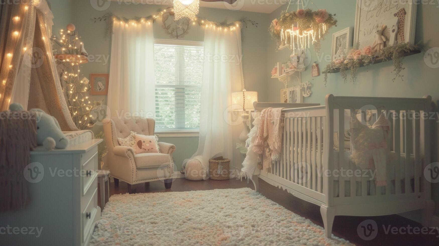A whimsical fairy talethemed nursery with soft pastel colors dreamy fairy lights and e animal decor for a magical atmosphere photo