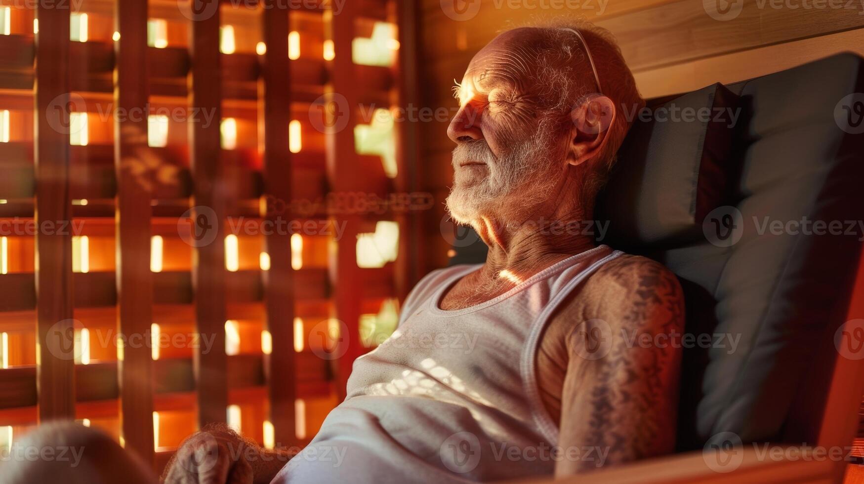 An older man sitting in an infrared sauna using his time inside to reflect and practice mindfulness known to have a positive impact on overall health and wellness. photo