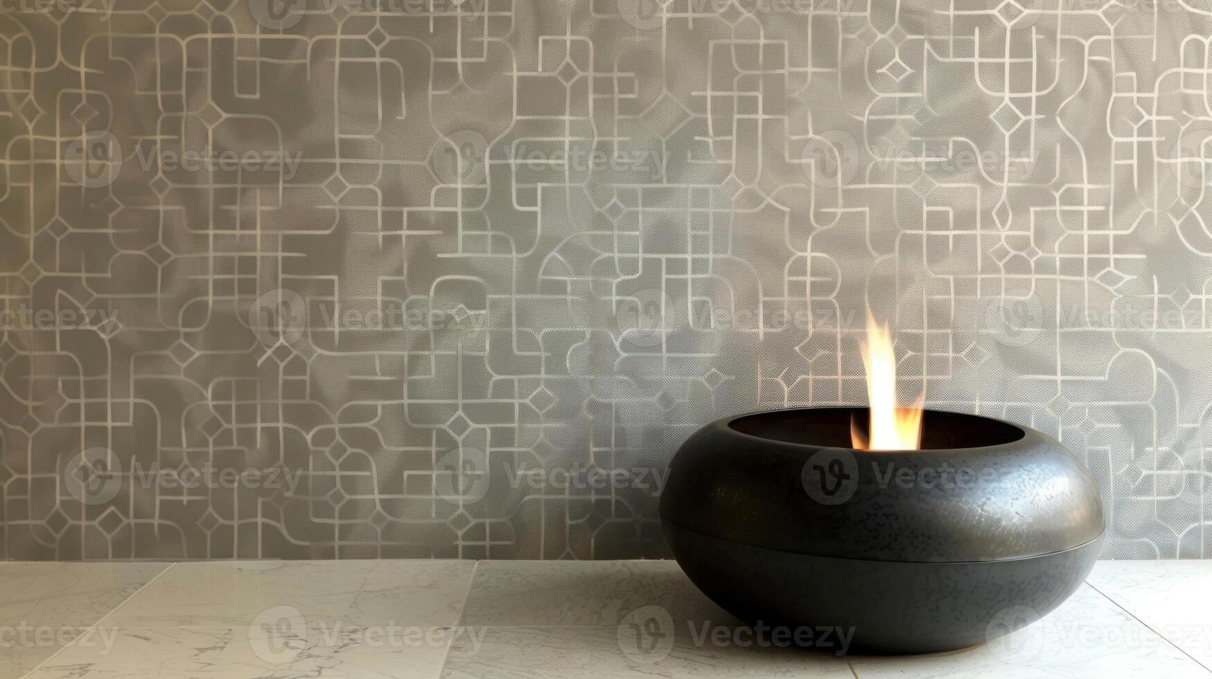 The minimalist fire orb stands tall its slim silhouette framed by a geometric patterned wallpaper. 2d flat cartoon photo