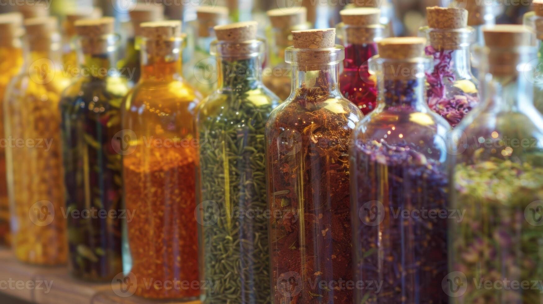 A colorful array of glass bottles filled with different types of herbal elixirs some labeled with quirky names like Stress Buster Blend and Brain Boost Brew photo