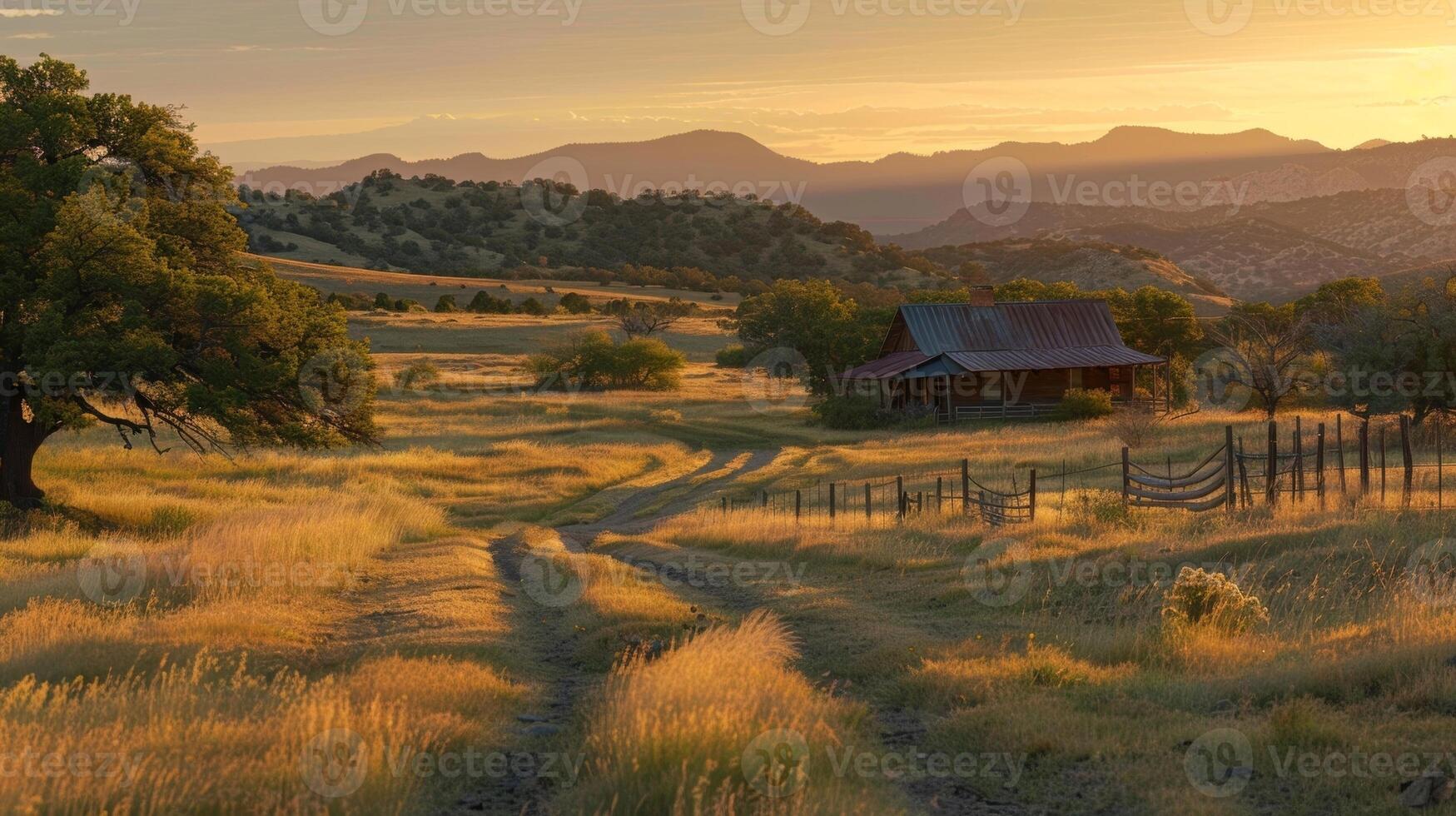 The ranch is bathed in a soft orange light as the sun continues to rise giving the landscape an ethereal feel photo