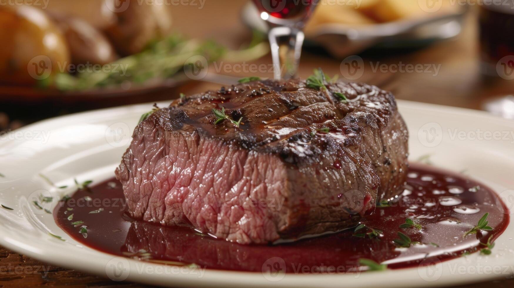 Tender filet of beef cooked to perfection and served with a decadent red wine reduction sauce sans the wine photo