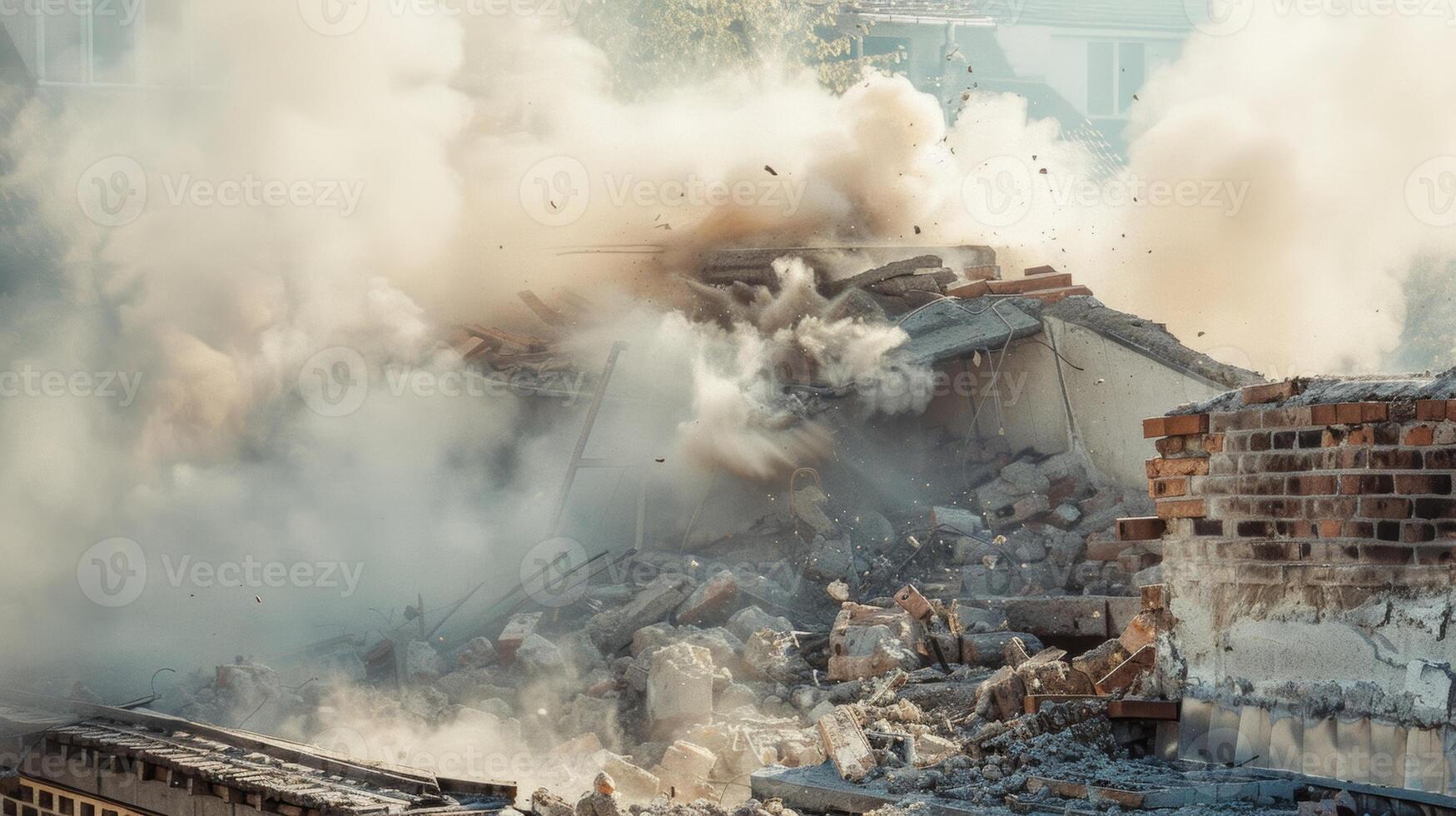 The roof of an old building collapsing in a cloud of dust and debris as the foundation is being dismantled photo