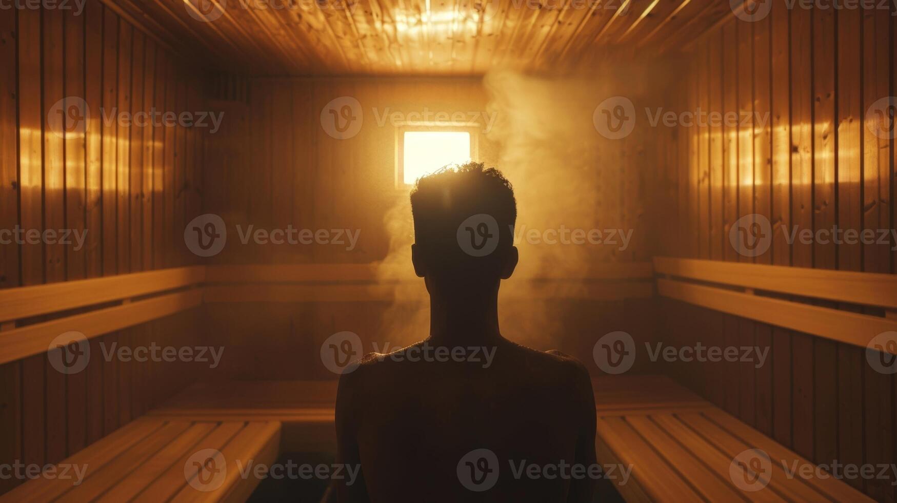 A person sitting in the sauna with their skin glowing and appearing rejuvenated. photo