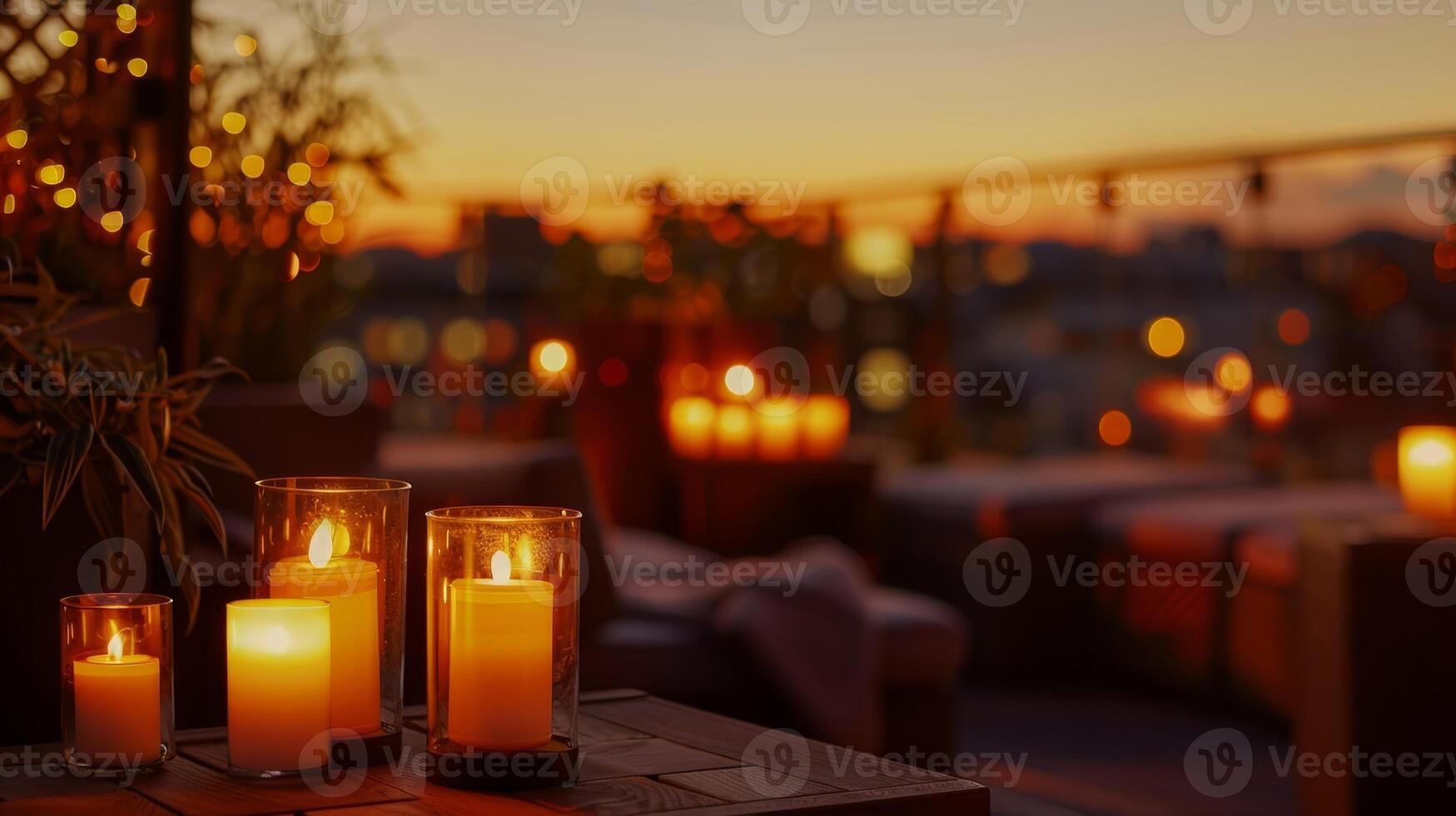 With the city lights ling in the background the rooftop terrace is bathed in the soft glow of candlelight creating a serene and romantic atmosphere. 2d flat cartoon photo