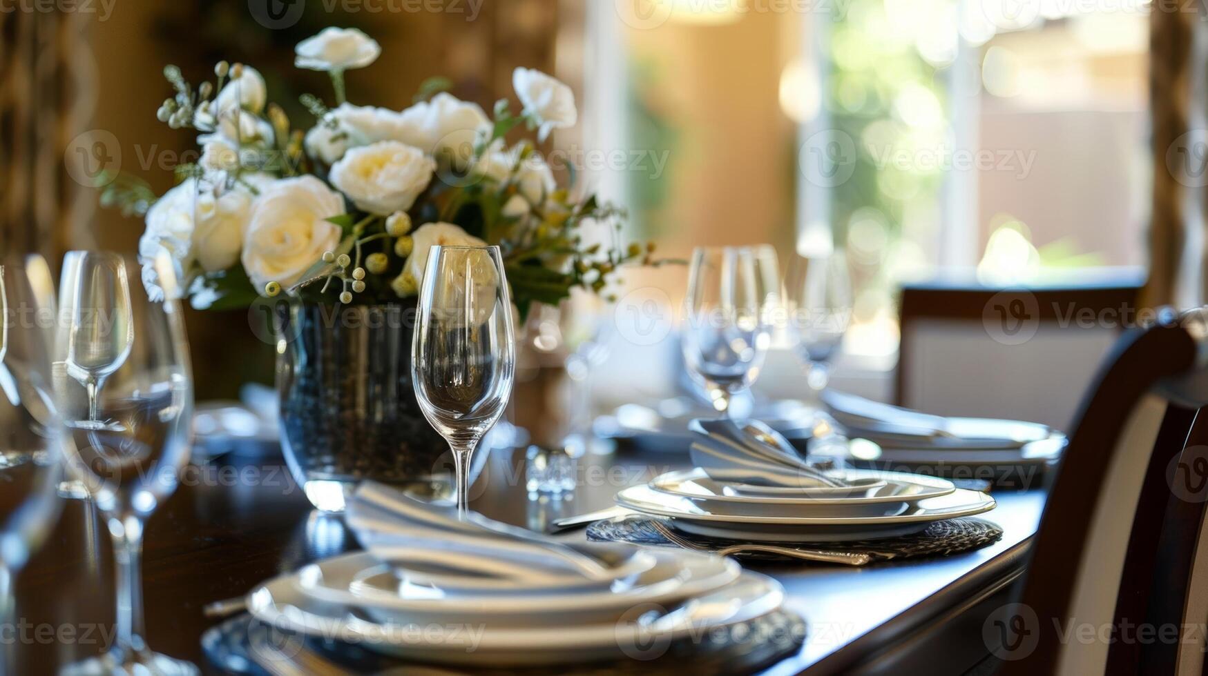 A harmoniously arranged dining room with a centerpiece and coordinated place settings creating a warm and welcoming atmosphere for family meals photo