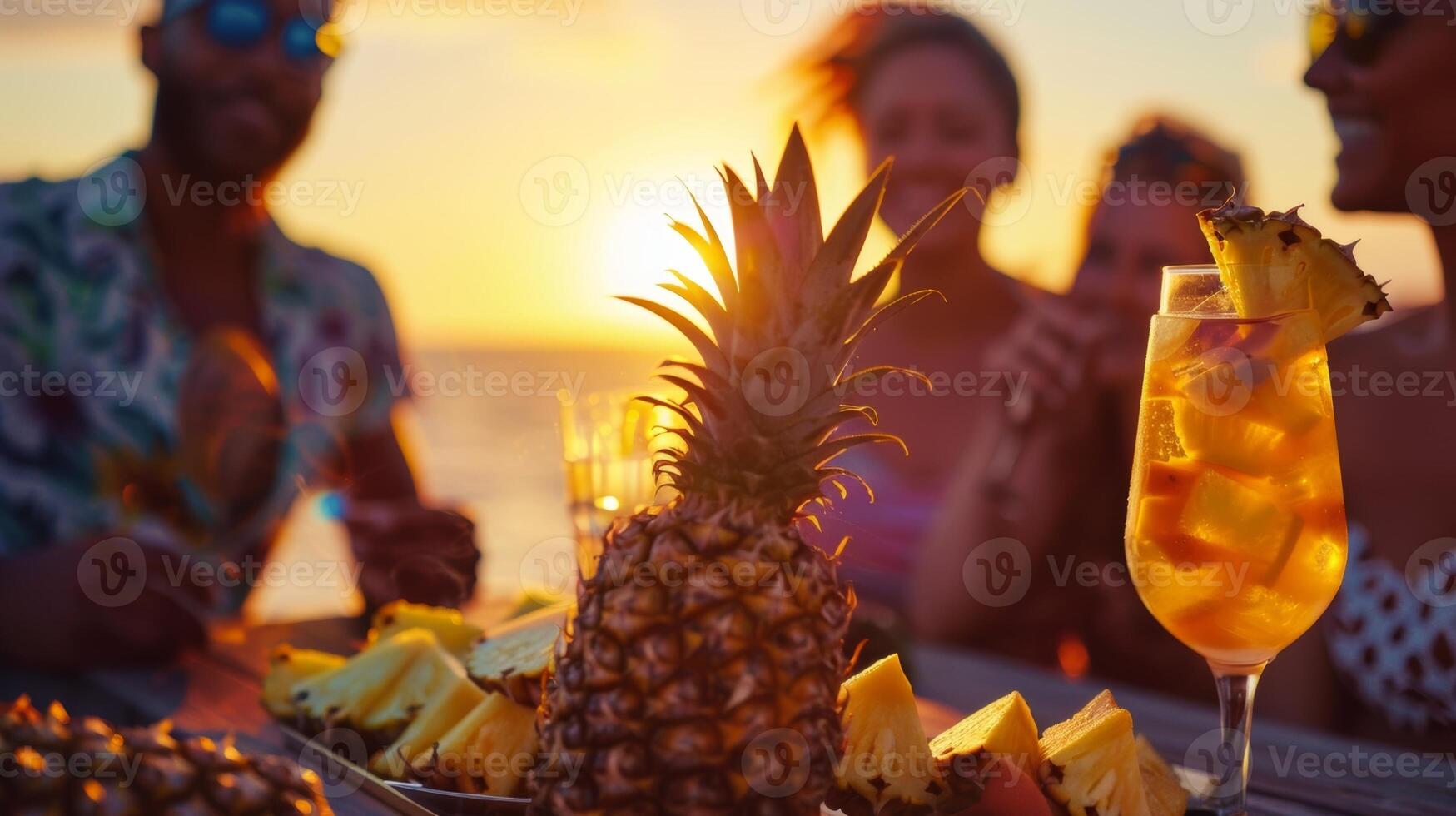 con el Dom despacio inmersión abajo el horizonte el atmósfera se convierte incluso más mágico como amigos enlace terminado delicioso A la parrilla piña foto