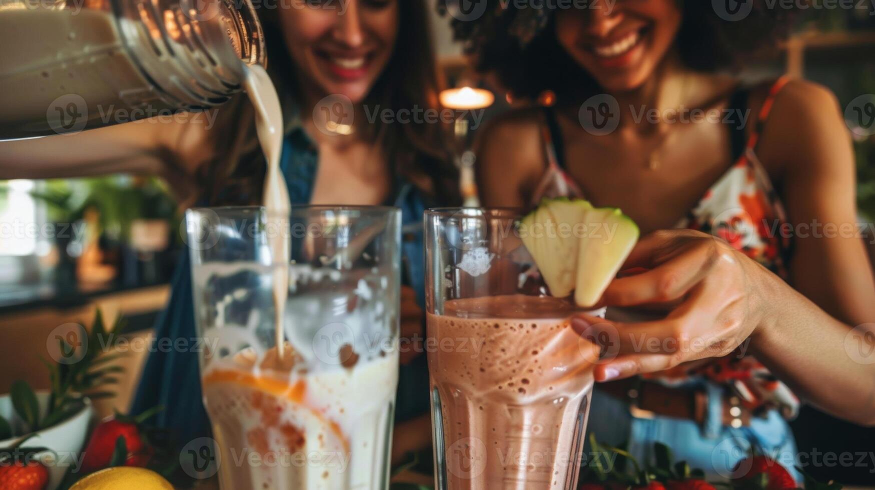 Two friends sharing a laugh as they pour almond milk into their blenders choosing a dairyfree option for their detox smoothie photo