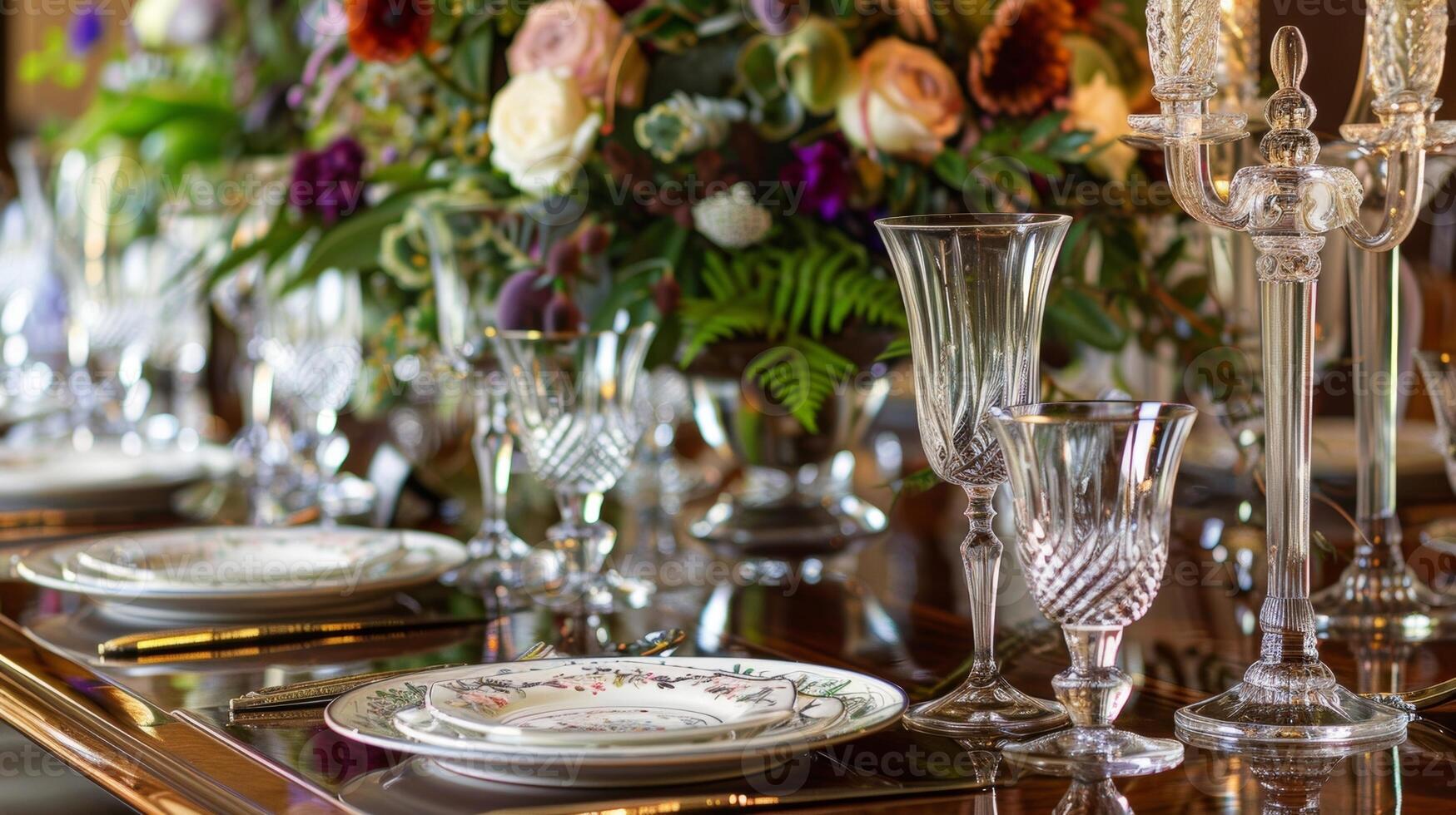 A beautifully set table adorned with fine china and sparkling crystal glasses awaits guests for an unforgettable evening of dining at home photo