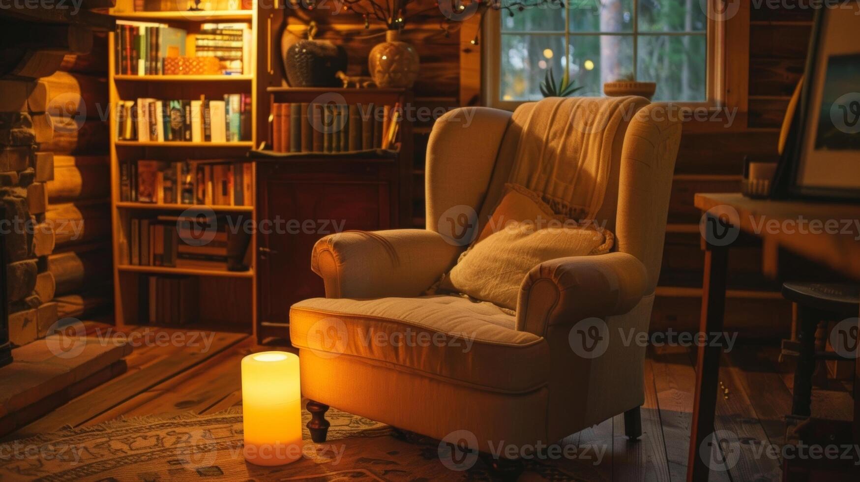 The cozy armchair in the corner is lit up by a large candle providing the perfect spot for reflection and brainstorming. 2d flat cartoon photo