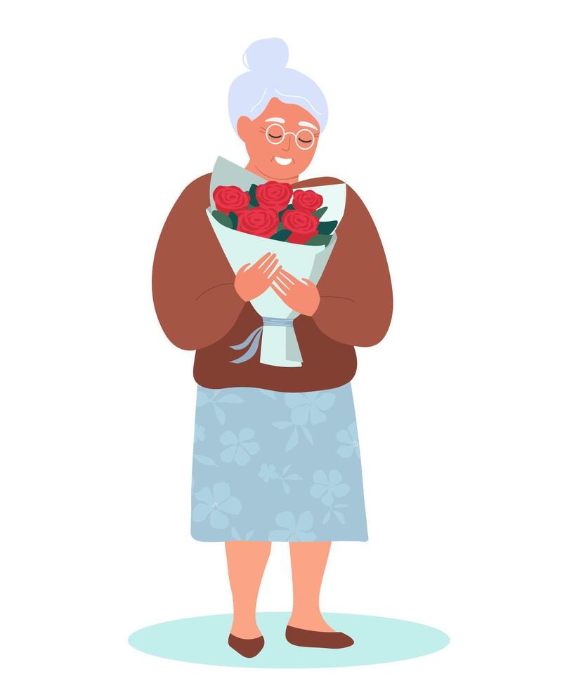 A gray-haired woman lived with a bouquet of roses in her hands. The old lady is happy after receiving the flower. vector