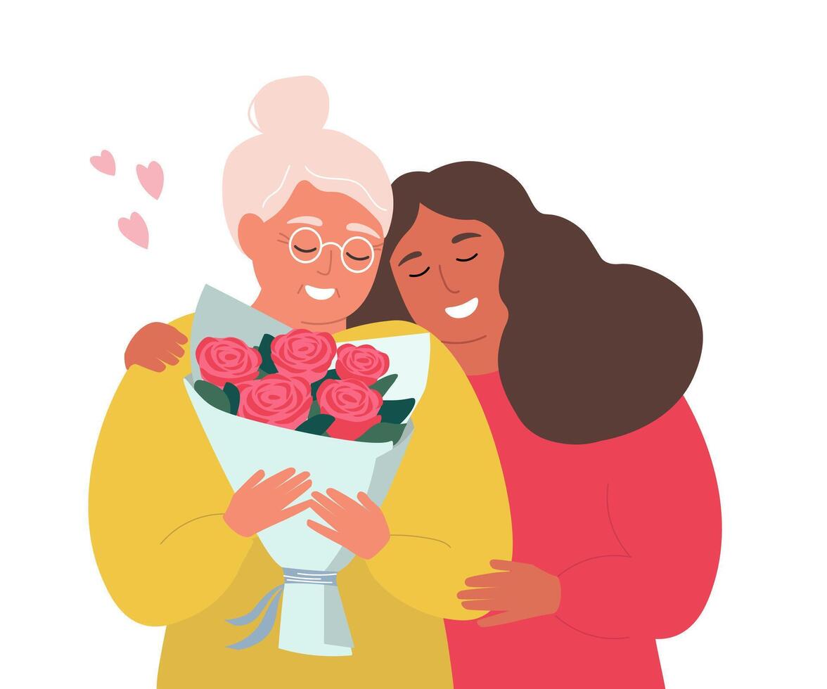 My daughter gives flowers to an elderly mother. Women of different generations hug, love and care together. vector