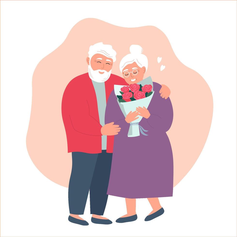 un mayor Pareja es contento juntos. abuela con un ramo. el antiguo hombre abrazos su esposa. vector