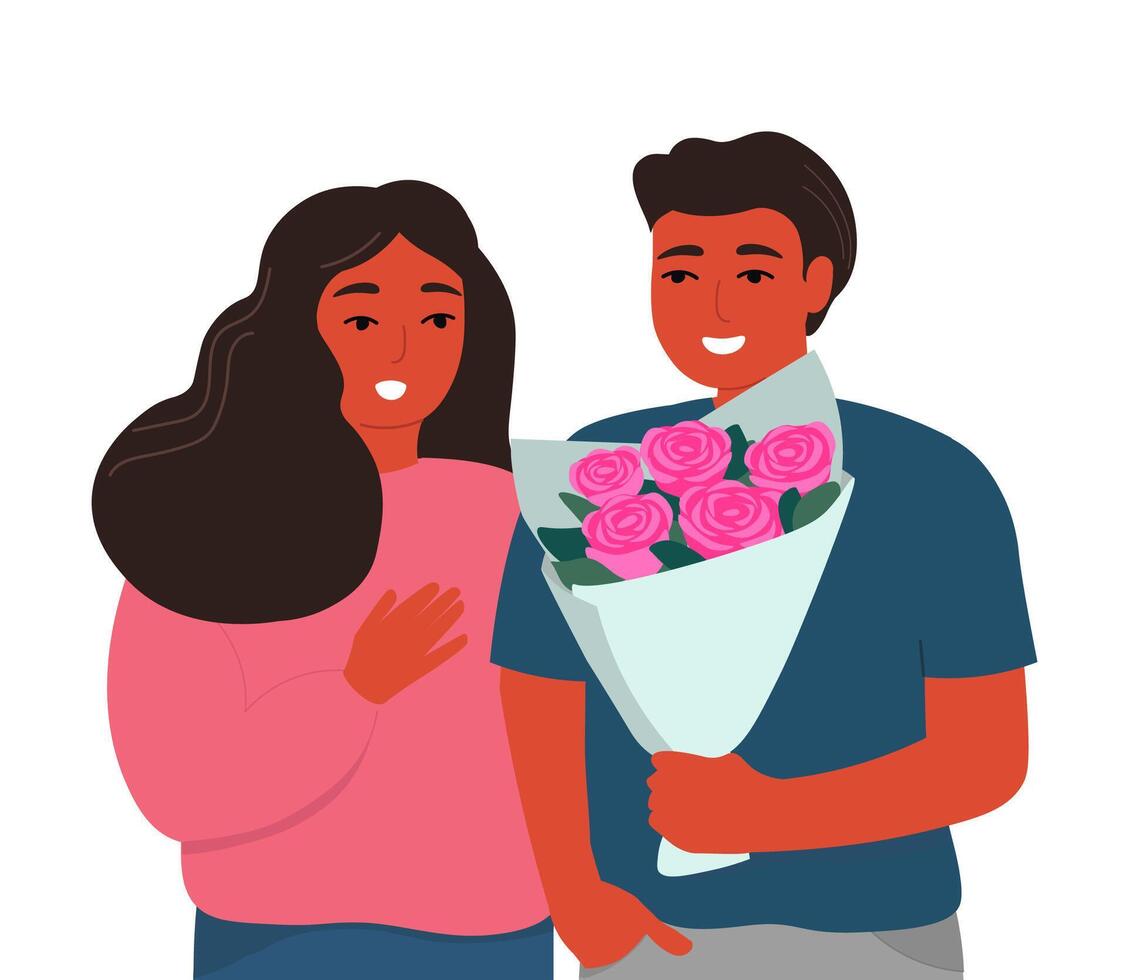 Pareja en amor juntos. un chico da un ramo de flores a un chica, muestra su sentimientos. vector