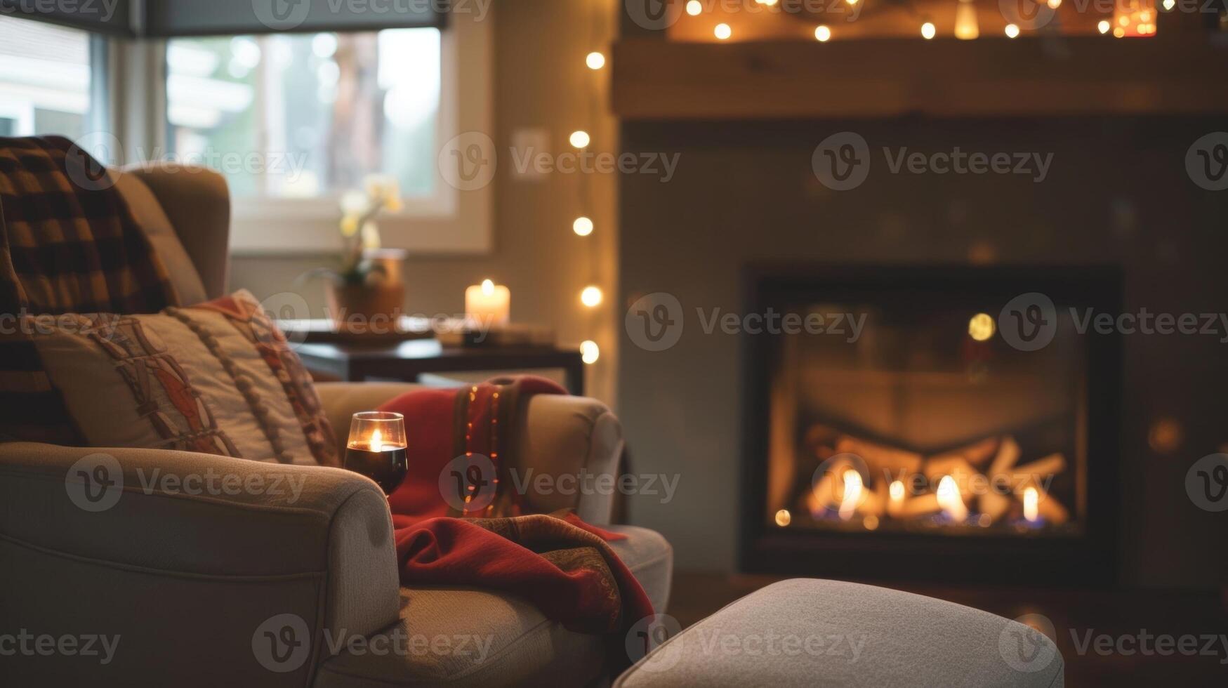 A cozy and intimate reading nook is enhanced by a contemporary fireplace and builtin wine fridge. The fire crackles in the background as the reader relaxes in the comfortable 2d flat photo