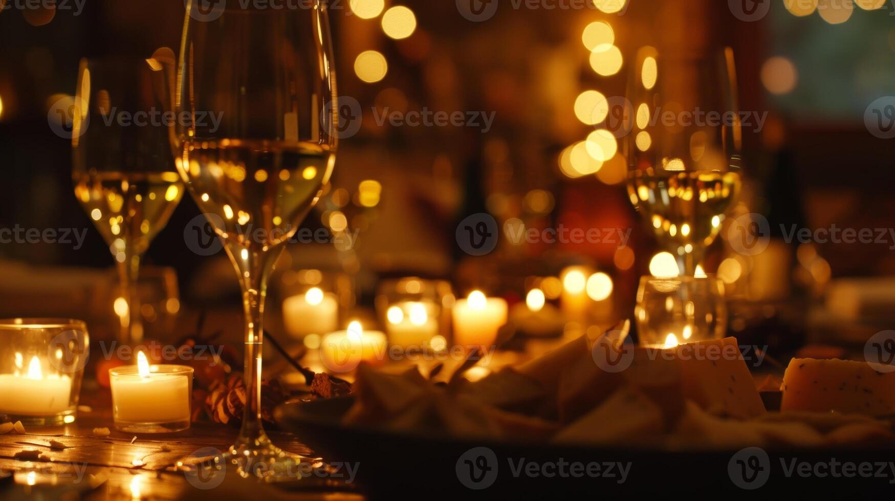 Soft music plays in the background adding to the intimate ambiance of the candlelit wine and cheese event. 2d flat cartoon photo