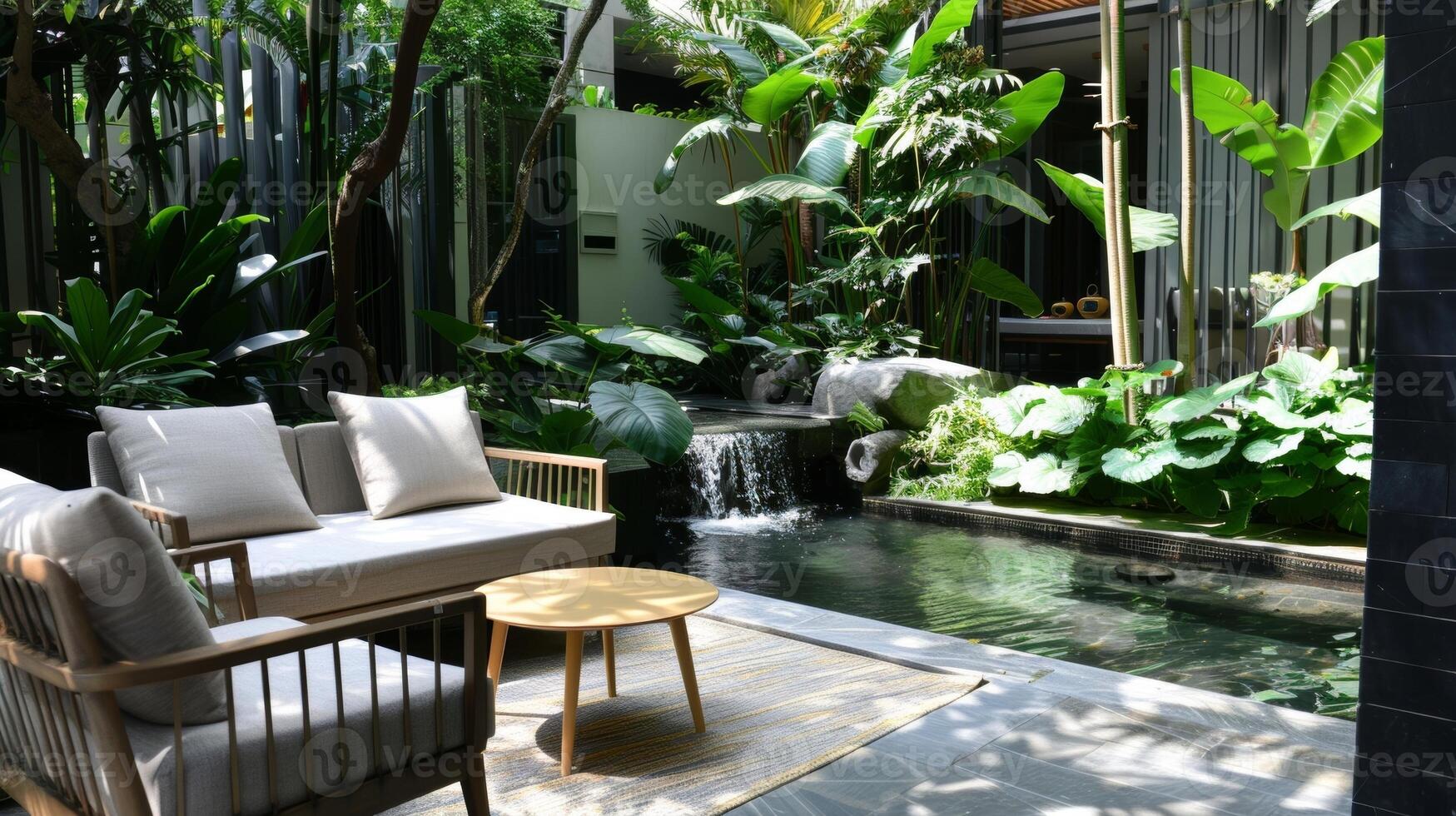 A luxurious patio with sleek furniture surrounded by lush greenery and a tranquil water feature offering a peaceful escape from busy city life photo