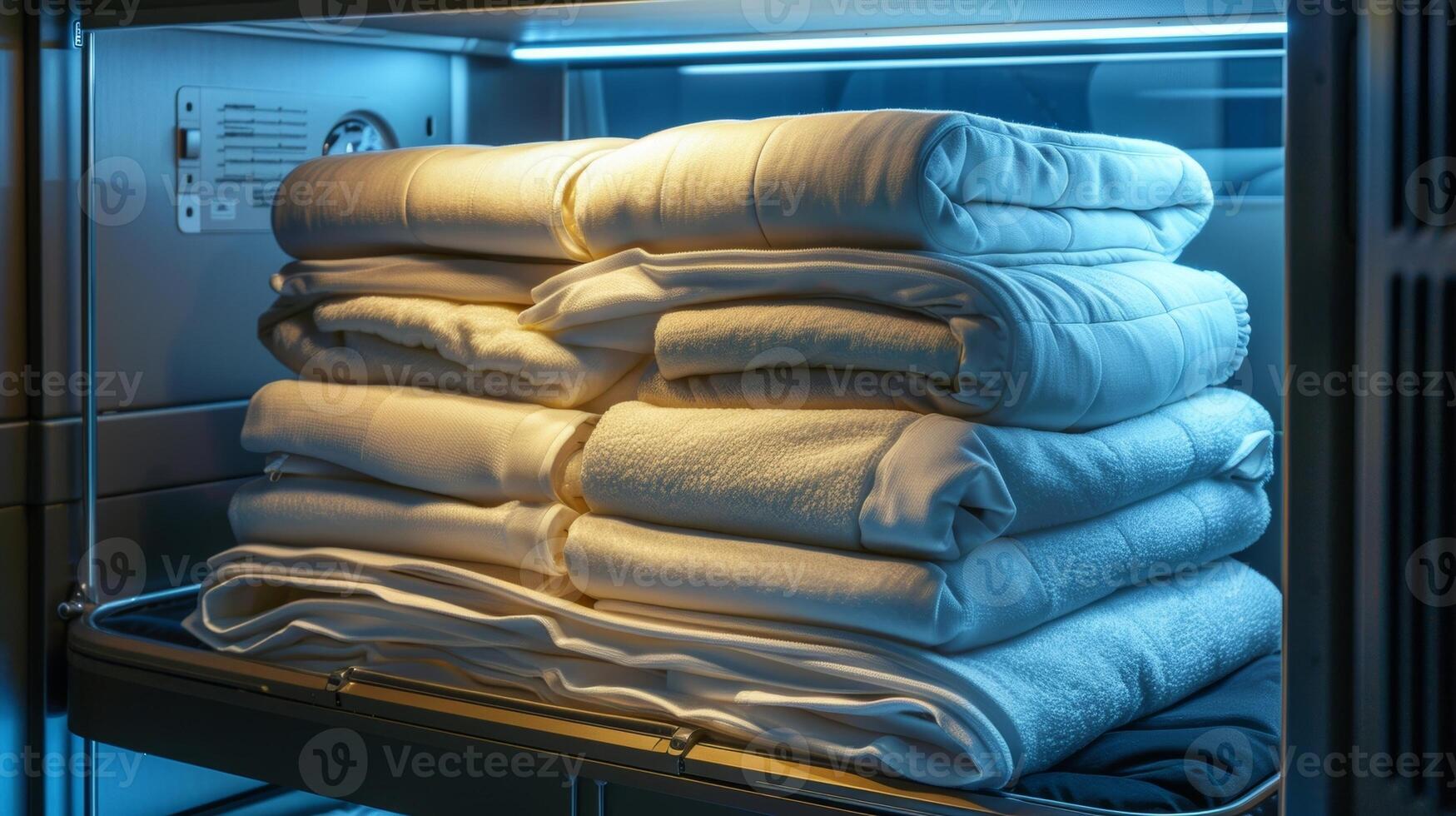 A stack of soft cashmere blankets and silk eye masks are carefully packed inside a rolling carryon ensuring ultimate comfort during a long flight photo