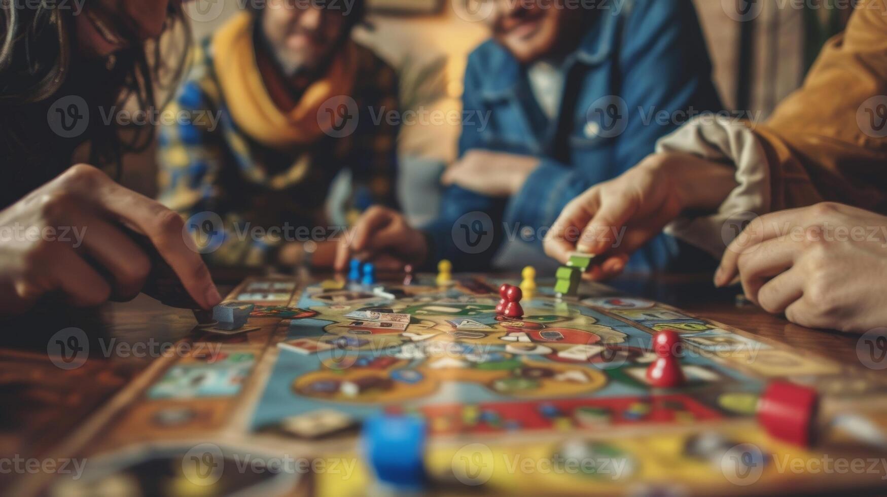 A board game spread out on a coffee table with friends huddled around strategizing and laughing as they compete photo