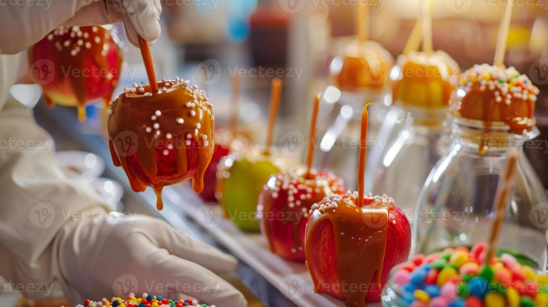 A candy apple making station where guests are dipping apples in caramel and decorating them with colorful sprinkles photo