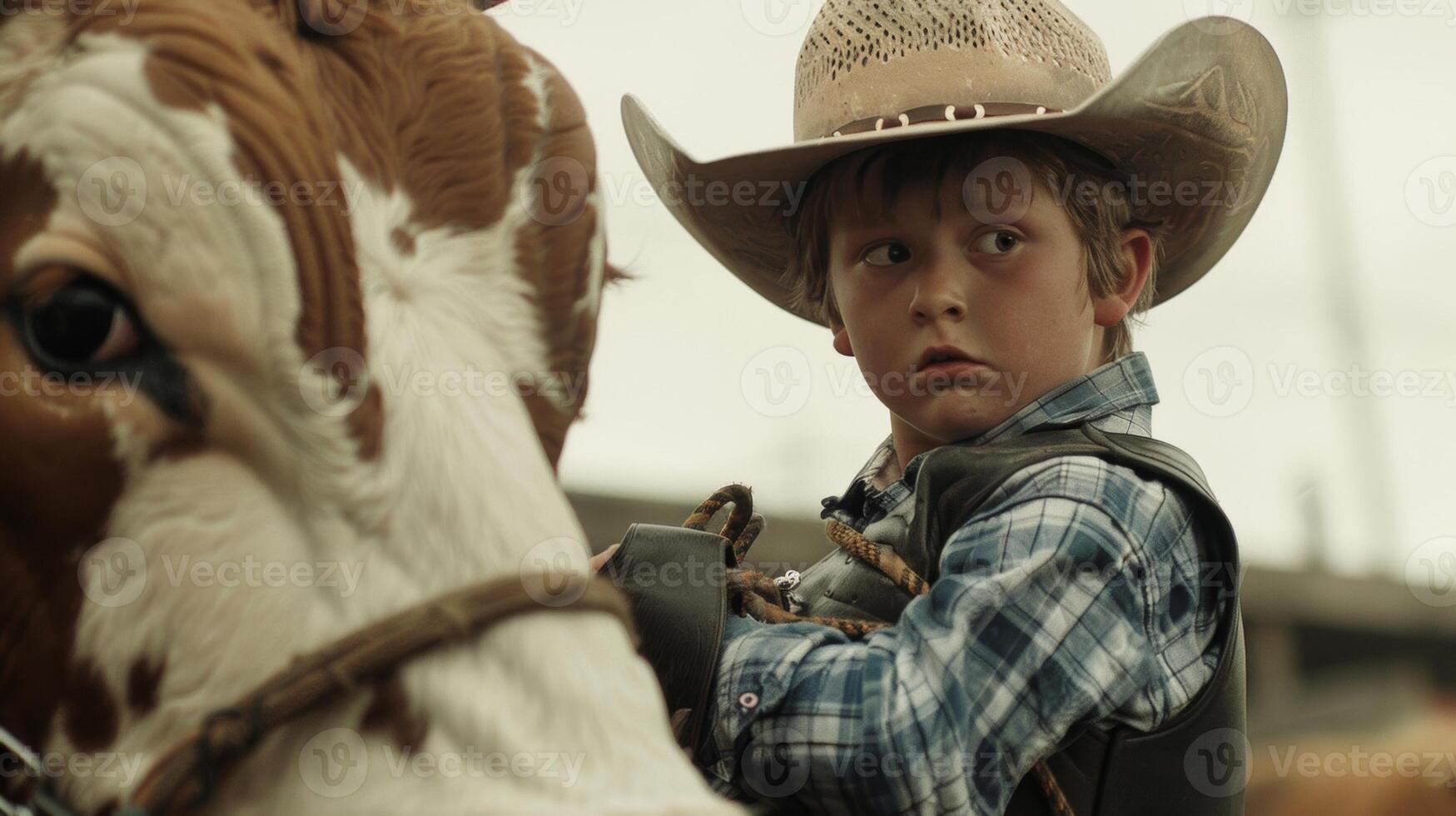 A young rodeo rider holding onto a mechanical bull for dear life perfecting their technique for the real thing photo