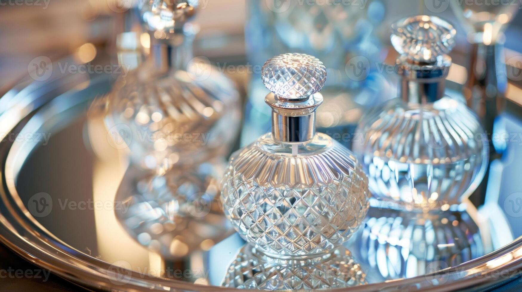 A closeup of designer perfume bottles arranged on a mirrored tray capturing the essence of luxury and sophistication photo